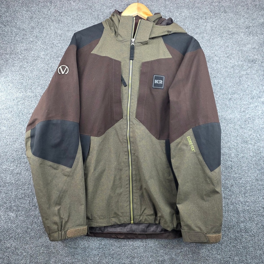 K2 Technical Outdoor Vertical Gore-Tex Jacket Mens L Olive Brown Colorblock Ski